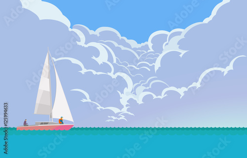 Vacation. Vector illustration of beautiful seascapes with yachts at summer day, with the cumulus clouds in the background. Cartoon style.