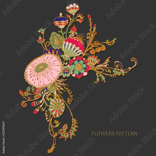 Vector illustration of a beautiful floral bouquet with fantastic flowers isolated on the black background. Hand drawing. Floral pattern. Design element
