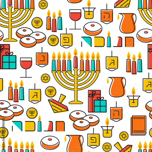 Hanukkah seamless pattern. Hanukkah simbols. Hanukkah candles, menorah, sufganiot and dreidel.