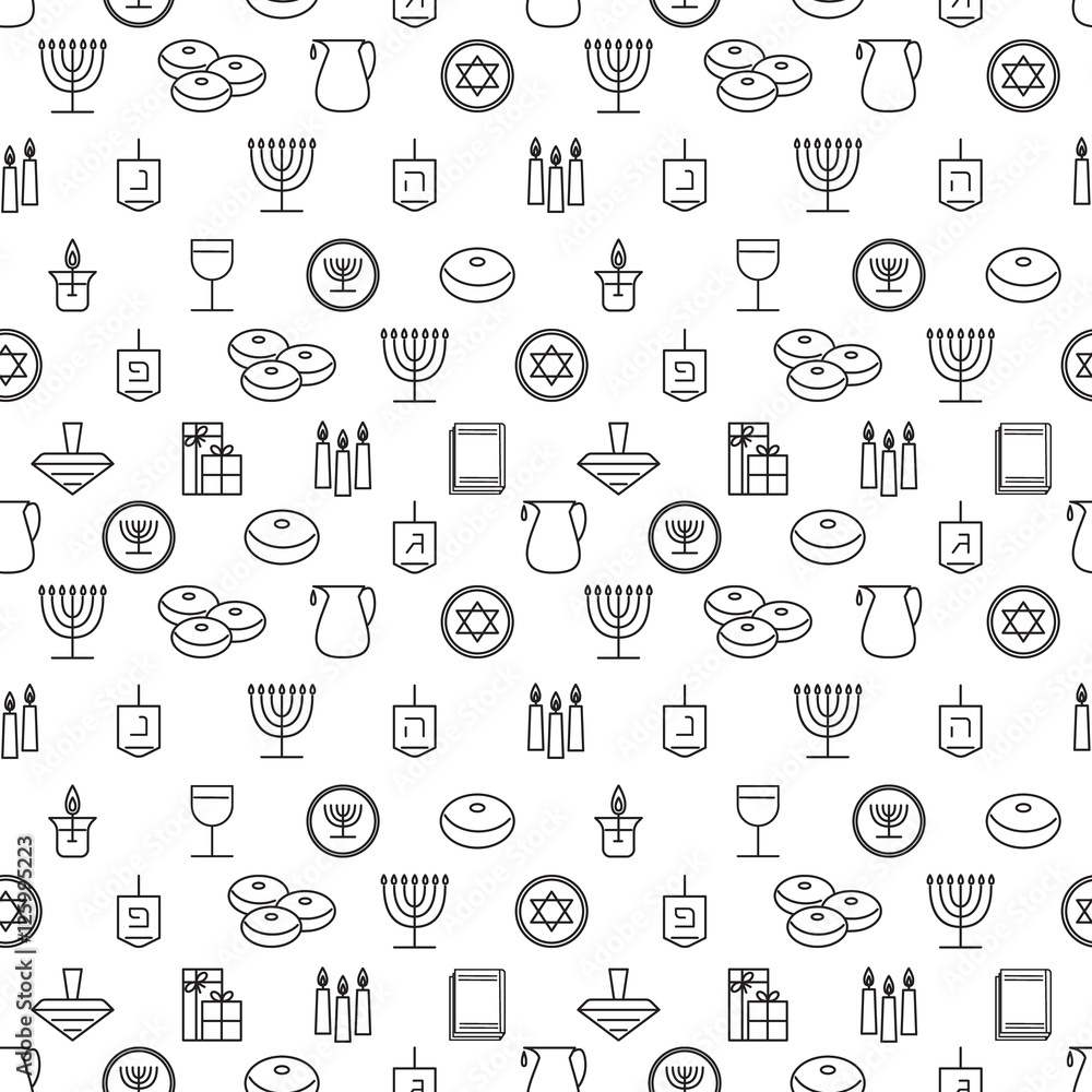 Hanukkah seamless pattern. Jewish Holiday Hanukkah symbols. Menorah (candlestick), candles, donuts (sufganiyan), gifts, dreidel, coins, oil. Happy Hannukah in Hebrew. Vector illustration Hanukkah seamless pattern. Jewish Holiday Hanukkah symbols. Menorah (candlestick), candles, donuts (sufganiyan), gifts, dreidel, coins, oil. Happy Hannukah in Hebrew. Vector illustration