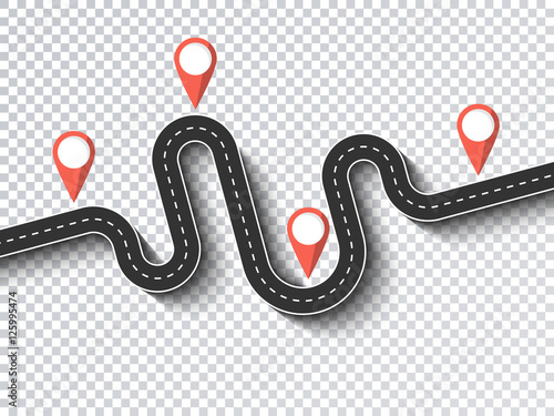 Road trip and Journey route. Business and Journey Infographic Flat Design Template with pin pointer. Winding road on a transparent background. Stylish streamers. Vector EPS 10