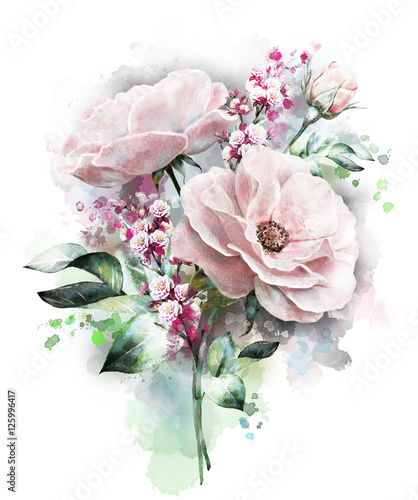 watercolor flowers. floral illustration, flower in Pastel colors, pink rose. branch of flowers isolated on white background. Leaf and buds. Cute composition for wedding or greeting card. Splash paint