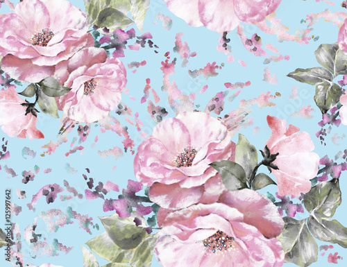 Seamless pattern with flowers and leaves, watercolor floral pattern, flower rose, sakura pastel color, seamless flower pattern for wallpaper, card or fabric, gentle pattern with flower and butterfly