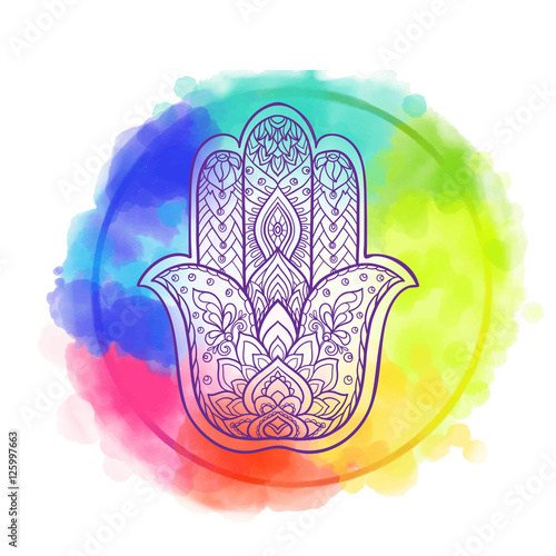 Vector Indian hand drawn hamsa symbol with ethnic ornaments. Whi