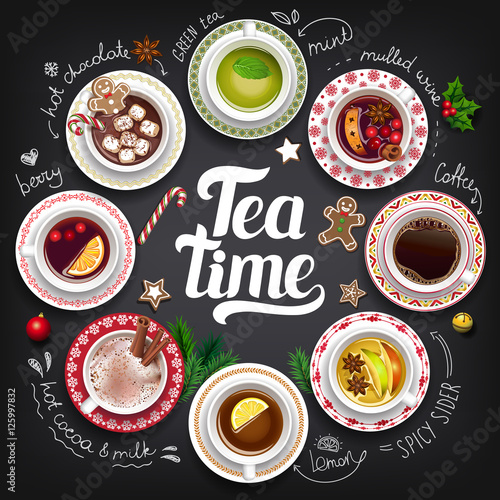 Set of different cups of warming autumn and Christmas drinks. Sketch on the chalkboard