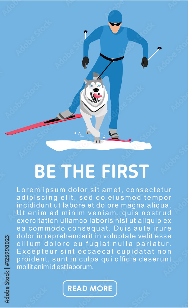 Racing with dogs-husky. Flat cartoon illustration. Running with a dog on skis. Sport banner. Skijoring
