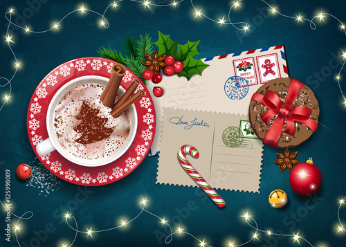 Christmas card with Letter to Santa and big cup of hot cocoa