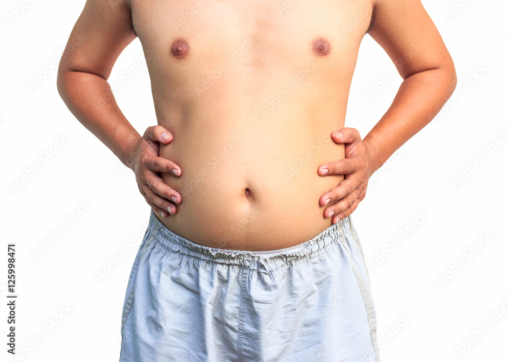 Naklejka premium Fat man with a big belly on white background