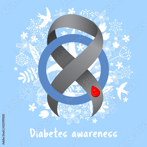 World Diabetes Day. Gray ribbon. Blood drop. Blue circle. Symbol of as symbol and fight against diabetes. Medical illustration. Health care. Floral background with flowers and birds