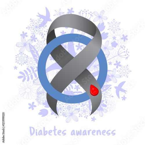 World Diabetes Day. Gray ribbon. Blood drop. Blue circle. Symbol of as symbol and fight against diabetes. Medical illustration. Health care. Floral background with flowers and birds