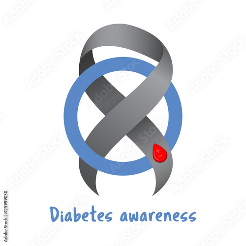 Gray ribbon. Blood drop. Blue circle. Symbol of as symbol and fight against diabetes. Medical illustration. Health care