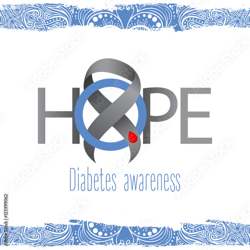 Gray ribbon. Blood drop. Blue circle. Symbol of as symbol and fight against diabetes. Medical illustration. Health care
