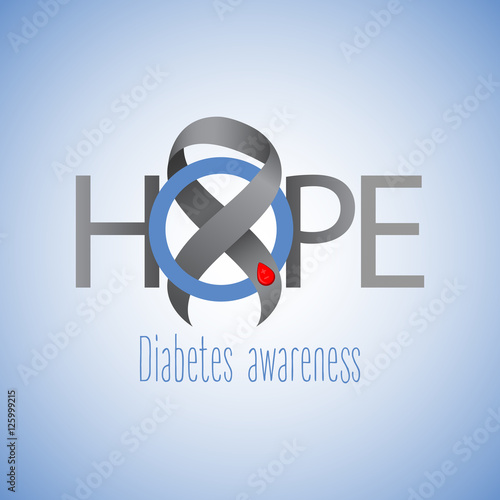 Gray ribbon. Blood drop. Blue circle. Symbol of as symbol and fight against diabetes. Medical illustration. Health care