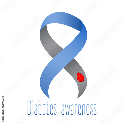 Gray ribbon. Blood drop. Blue circle. Symbol of as symbol and fight against diabetes. Medical illustration. Health care