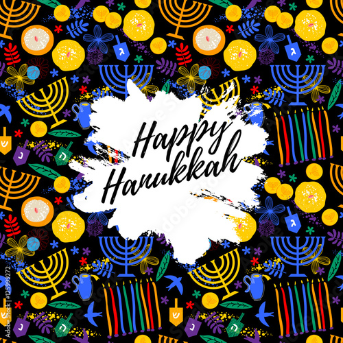 Hanukkah greeting card with flowers, birds, wooden dreidels, donuts, chocolate coins, candles and menorah (traditional Candelabra). Happy Hanukkah, Jewish holiday background