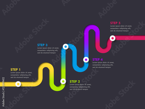 Road way location infographic template with a phased structure. Winding road timeline. Stylish Serpentine in the form of line arrows. Vector EPS 10