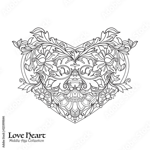 Decorative Love Heart with floral decorative vintage pattern. Coloring book for adult. Outline drawing coloring page.