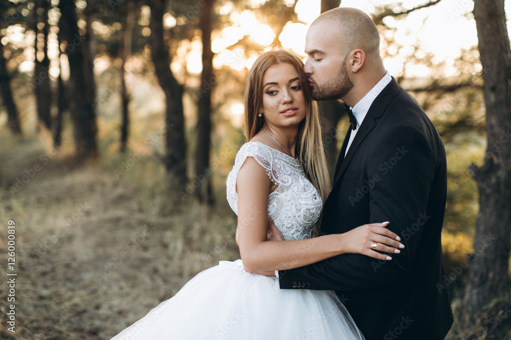 Stylish bride and bearded muscular groom posing on the wedding Stylish bride and bearded muscular groom posing on the wedding