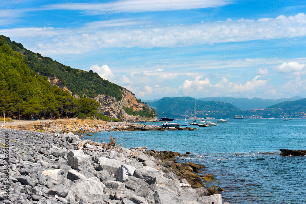 Beach with cliffs in the Palmaria island (Isola di Palmaria) La Spezia, Liguria, Italy 