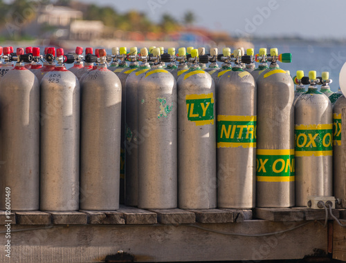 Scuba diving cylinders on the jetty in Bonaire, Netherlands Antilles