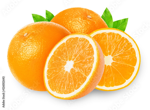 Isolated oranges. Cut orange fruits isolated on white background