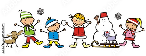 children and snowman, vector icon