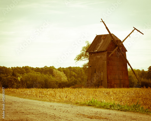 Kawnice, Poland. Old ruined windmill on the field.