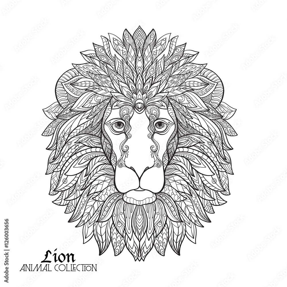 Fototapeta premium Ethnic patterned ornate hand drawn head of Lion. Black and white