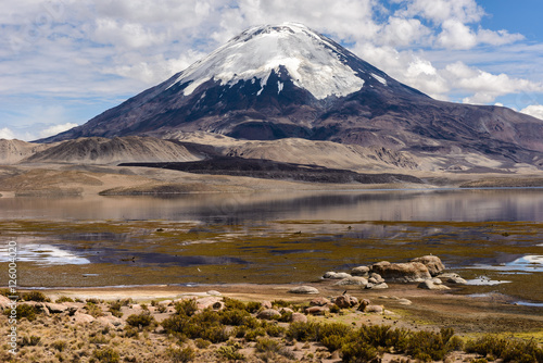 Parinacota volcano and Chungara lake, Lauca National Park (Chile)