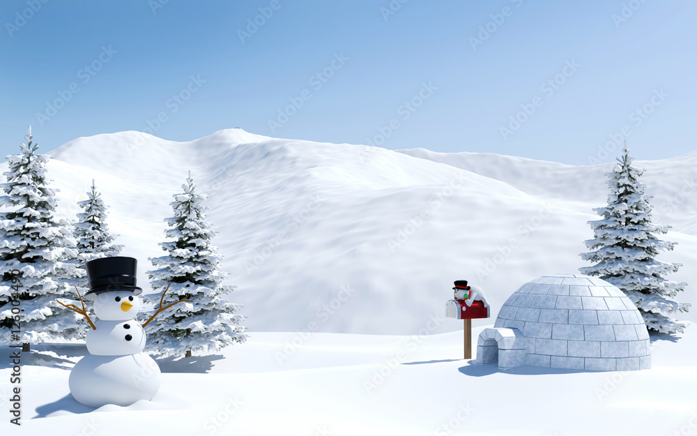 Arctic landscape, snow field with igloo and snowman in Christmas holiday, North pole - obrazy, fototapety, plakaty 