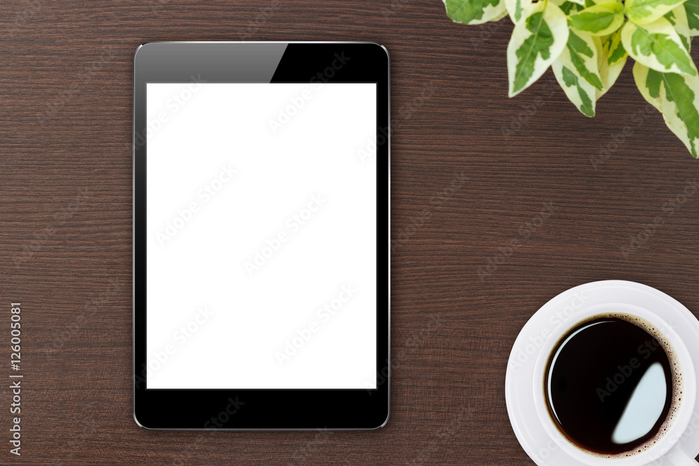 digital tablet blank screen on wood top view digital tablet blank screen on wood top view