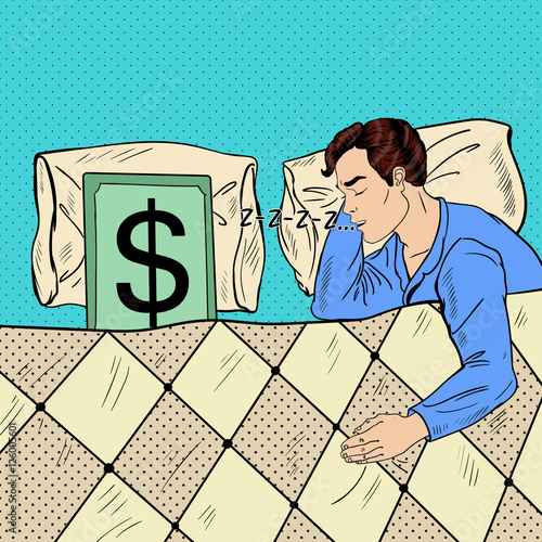Pop Art Man Sleeping in Bed with Dollar Banknote. Vector illustration
