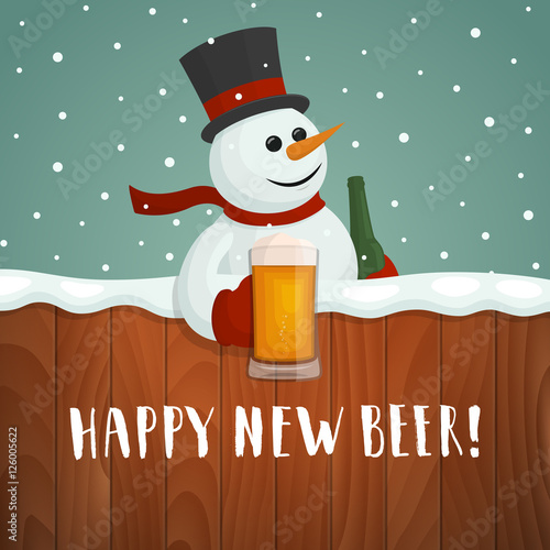 Snowman with beer. Happy new beer logo. Vector christmas card with cartoon snowman holding a mug and hand drawn lettering.