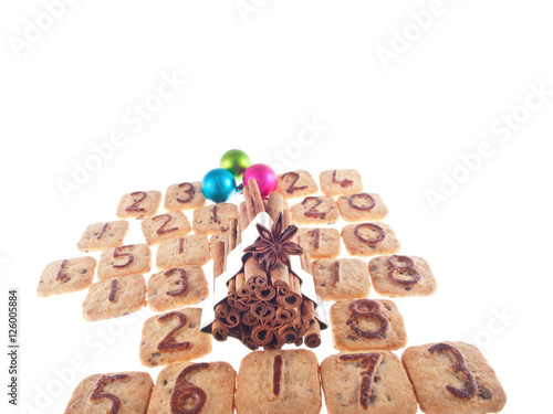 advent calendar cookies, christmas tree cookie cutter, christmas balls, cinnamon sticks, star anise