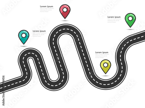 Road way location infographic template with pin pointer. Winding road on a colorful background. Stylish streamers. Vector EPS 10