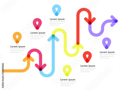 Road way location infographic template with a phased structure and pin pointer. Winding road timeline. Stylish Serpentine in the form of line arrows. Vector EPS 10