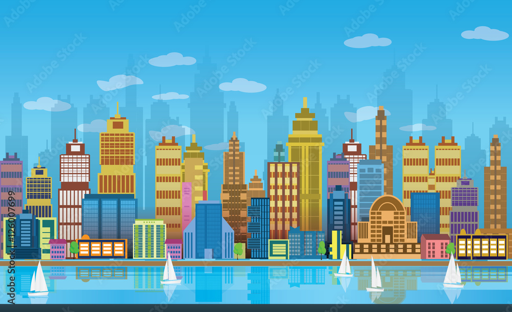City Game Backgrounds with boats on the river ,2d game application. Vector Illustration for your application , project.