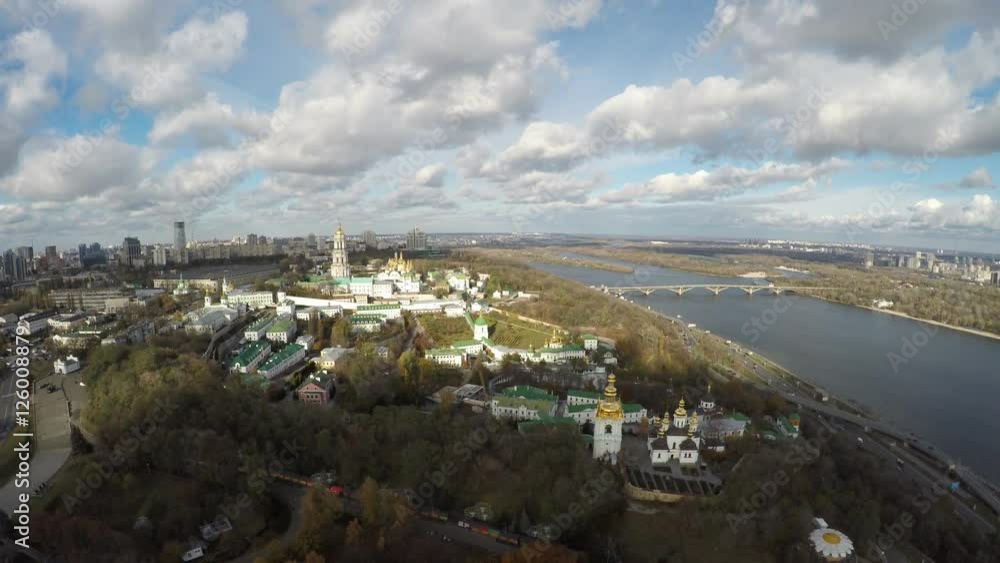aerial view Kiev-Pechersk Lavra in autumn, raw aerial view Kiev-Pechersk Lavra in autumn, raw