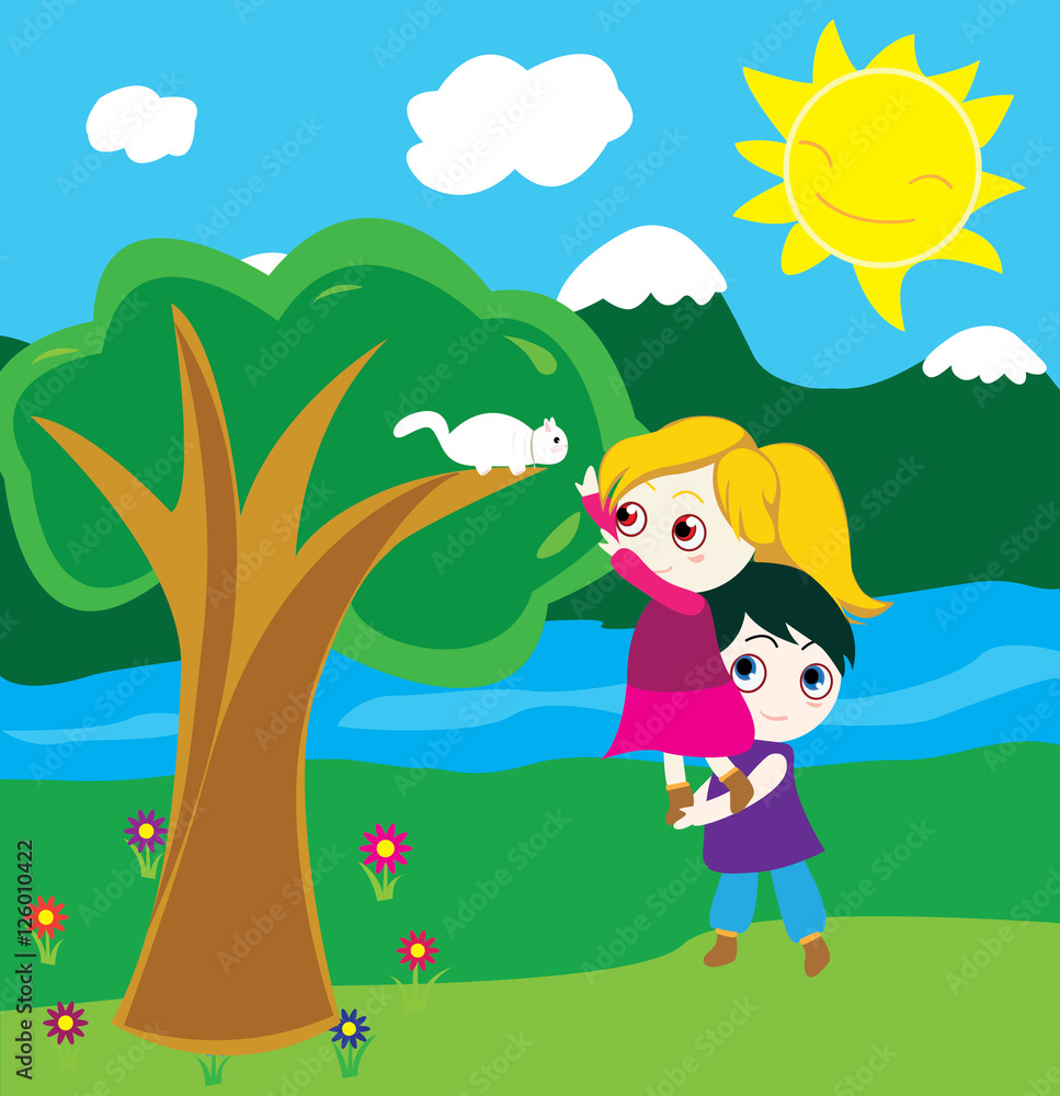 Illustration of Kids helping the cat Illustration of Kids helping the cat