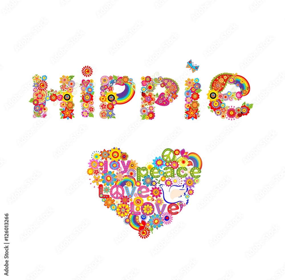 Flower colorful print with hippie lettering and heart shape with flowers, hippie symbolic and dove isolated on white background Flower colorful print with hippie lettering and heart shape with flowers, hippie symbolic and dove isolated on white background