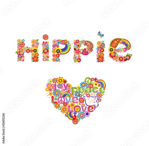 Flower colorful print with hippie lettering and heart shape with flowers  hippie symbolic and dove isolated on white background