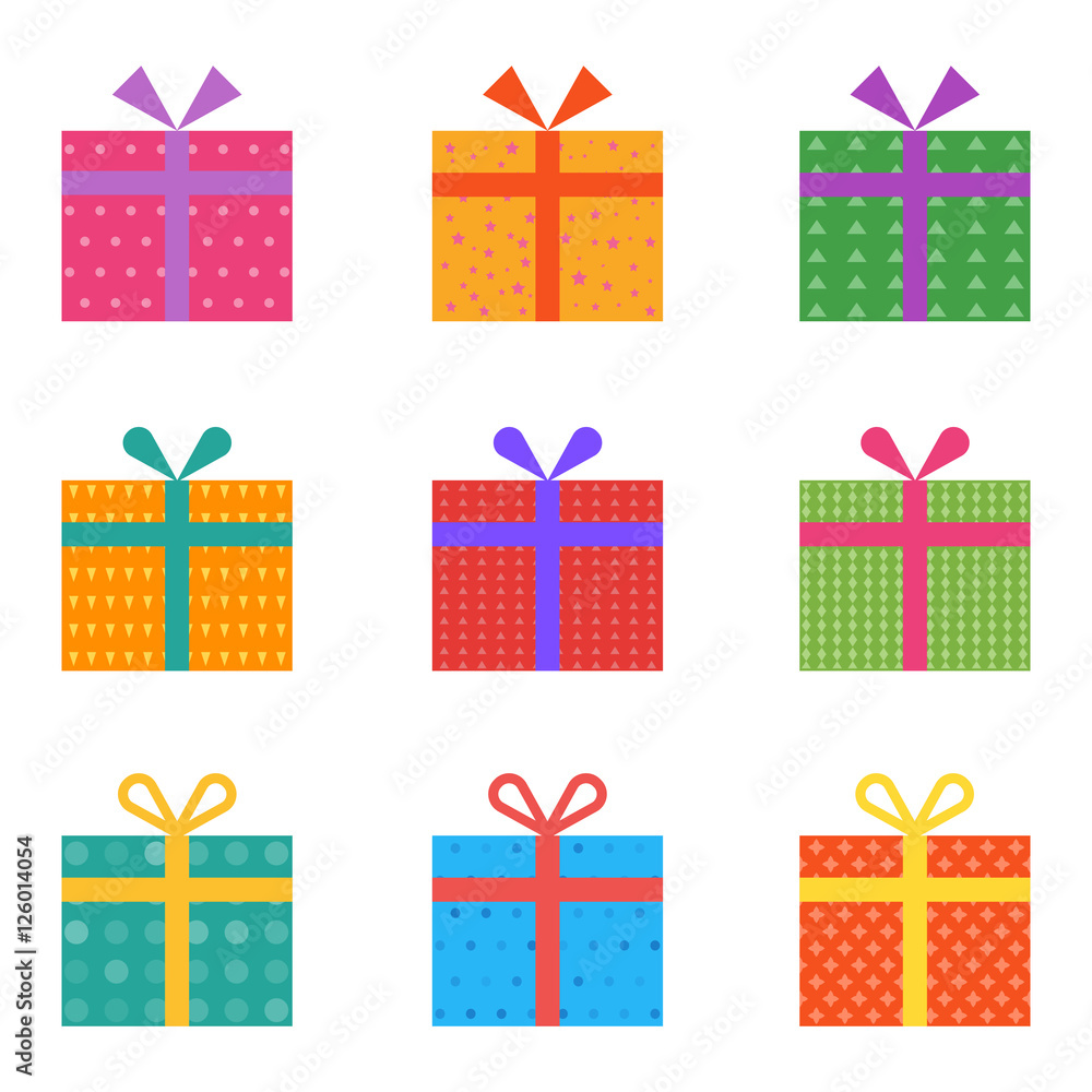 Holiday gifts icons and present boxes in cartoon flat style. Vector illustration. Colored gift boxes with ribbons. Holiday gifts icons and present boxes in cartoon flat style. Vector illustration. Colored gift boxes with ribbons.