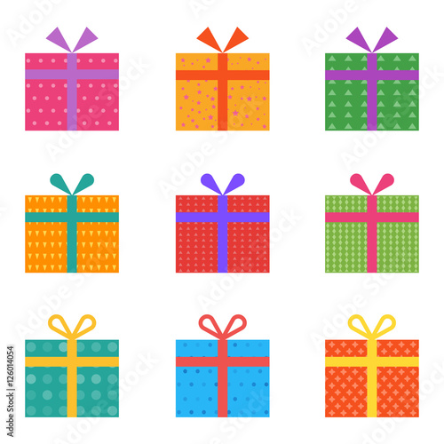 Holiday gifts icons and present boxes in cartoon flat style. Vector illustration. Colored gift boxes with ribbons.