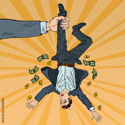 Pop Art Businessman Loosing his Last Money. Bankruptcy Concept. Vector illustration