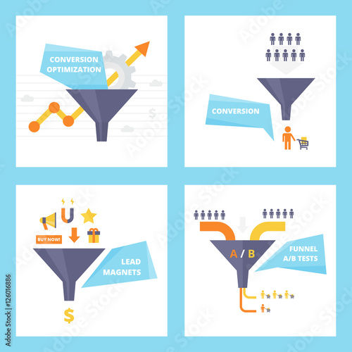 Conversion optimization, lead magnets and funnel ab tests infographics elements. Internet marketing concepts collection. Set of flat design vector illustrations.