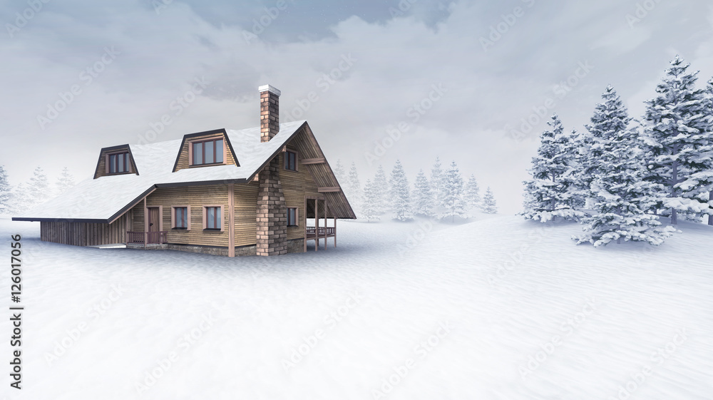 wooden chalet at winter landscape with trees wooden chalet at winter landscape with trees