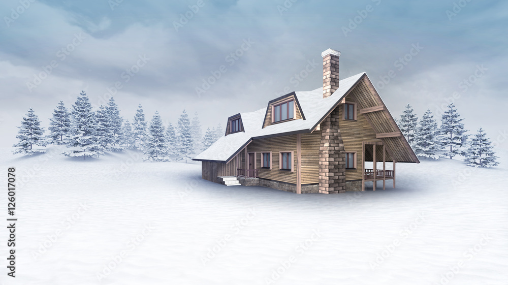 wooden cabin at winter landscape with trees wooden cabin at winter landscape with trees