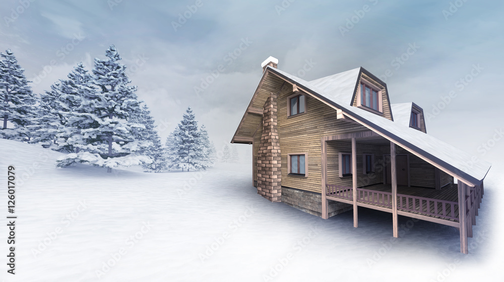 wooden lodge at winter landscape with trees wooden lodge at winter landscape with trees