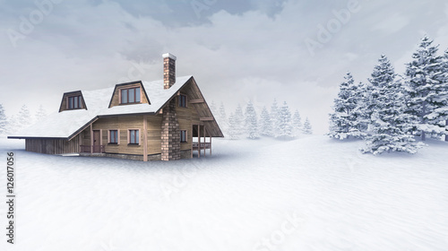 wooden chalet at winter landscape with trees