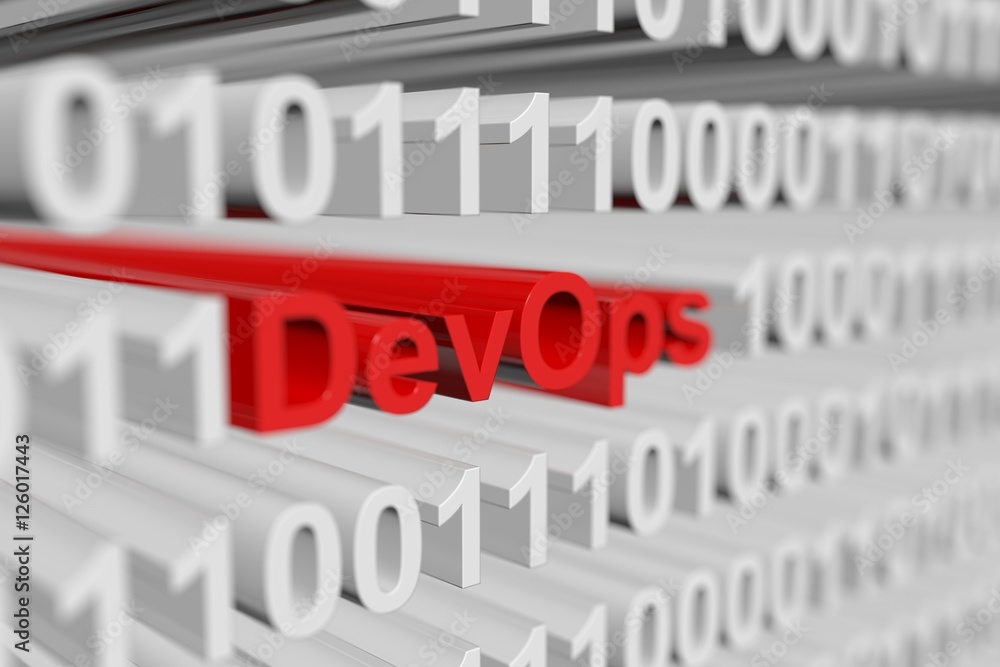 DevOps as a binary code with blurred background 3D illustration